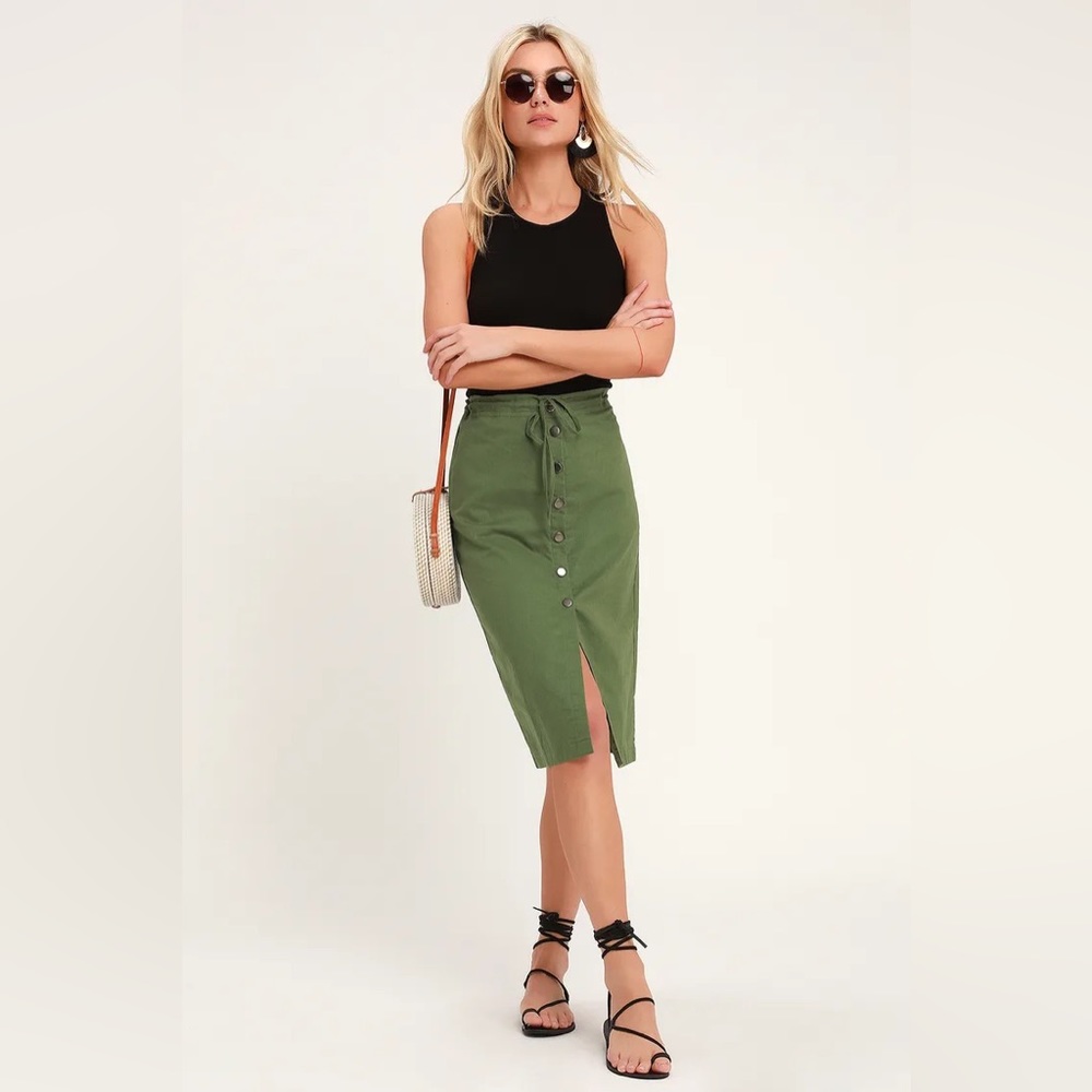 Sweet Escape Olive Green Button Front Midi Skirt